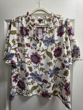 Ann Taylor Cream Floral Tie-Neck Top with Pink and Mustard Accents